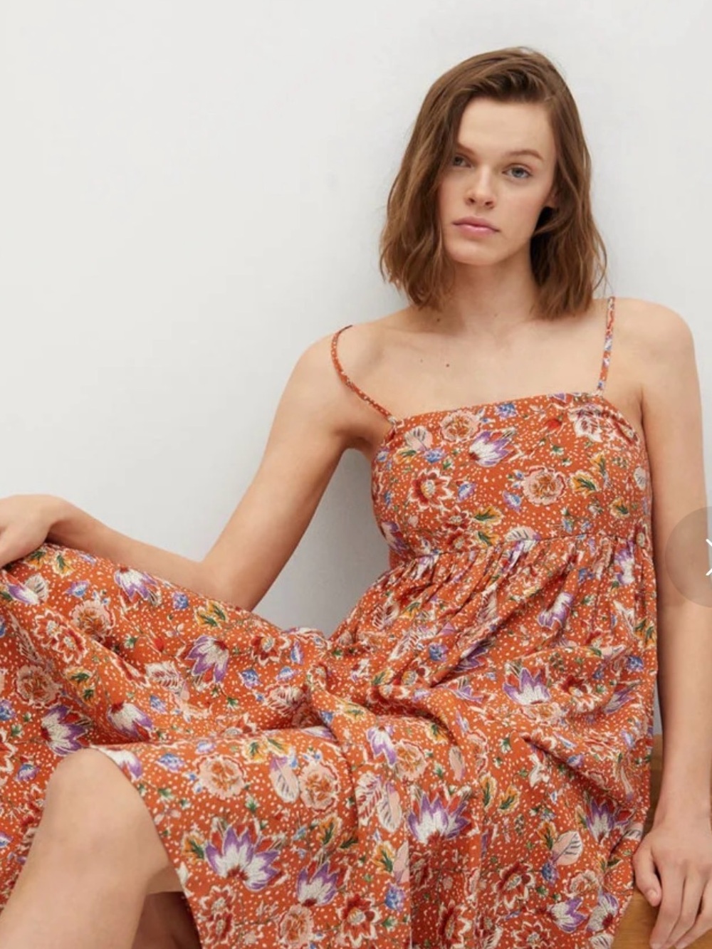 MNG Mango Orange Floral Smocked Back Midi Dress Size M